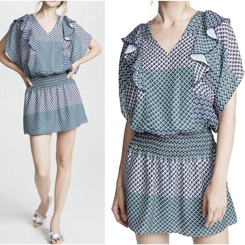 PARKER Luisa Print Dress Women's Size Medium Blue Green Geometric Ruffle Stretch